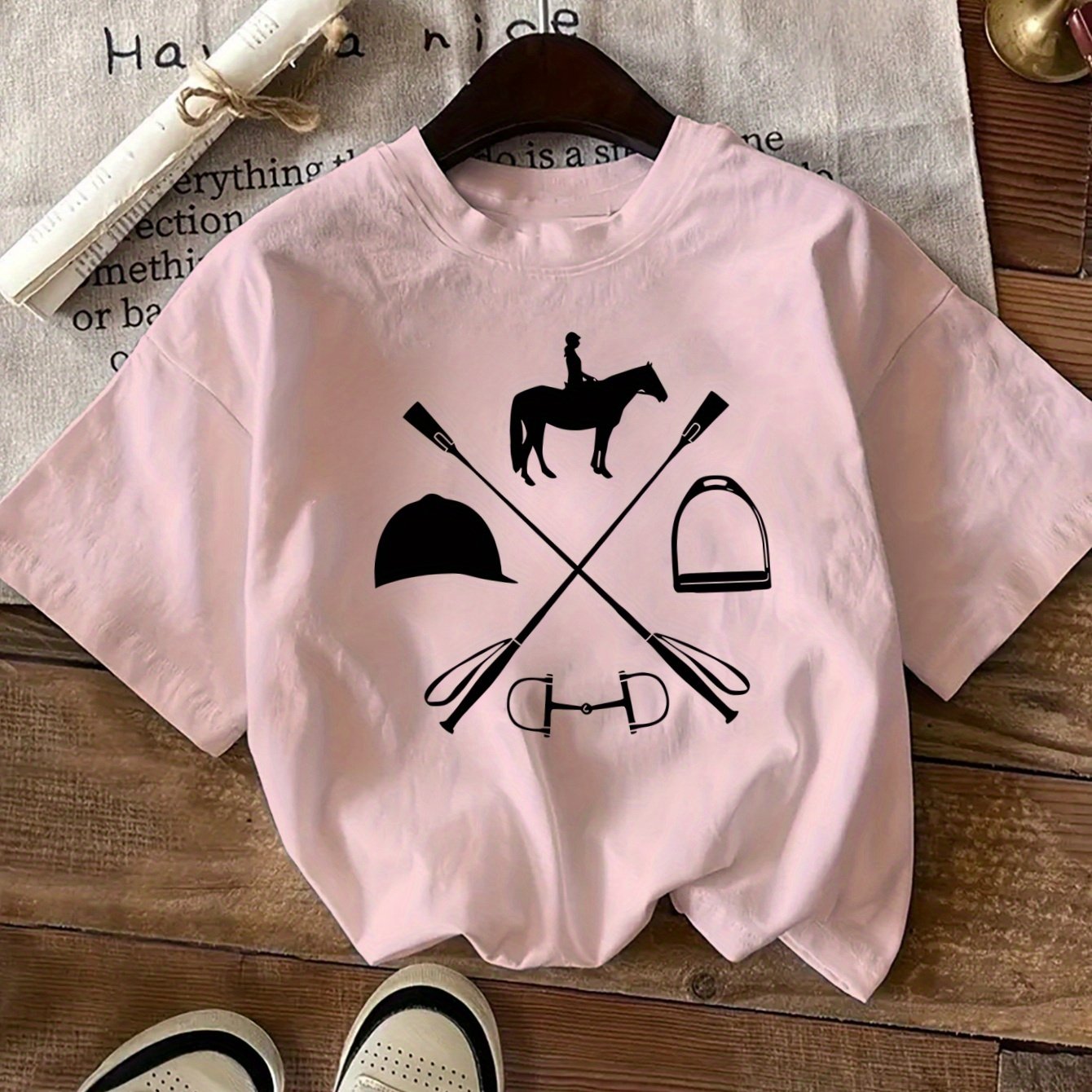 Women's Equestrian & Geometric Print Short Sleeve Crew Neck T-Shirt - Vibrant Red with Black Horseback Riding Design, Breathable Machine-Washable Casual Top for Summer, Spring & All-Season Wear, Horse Shirt, Summer Fashion, S