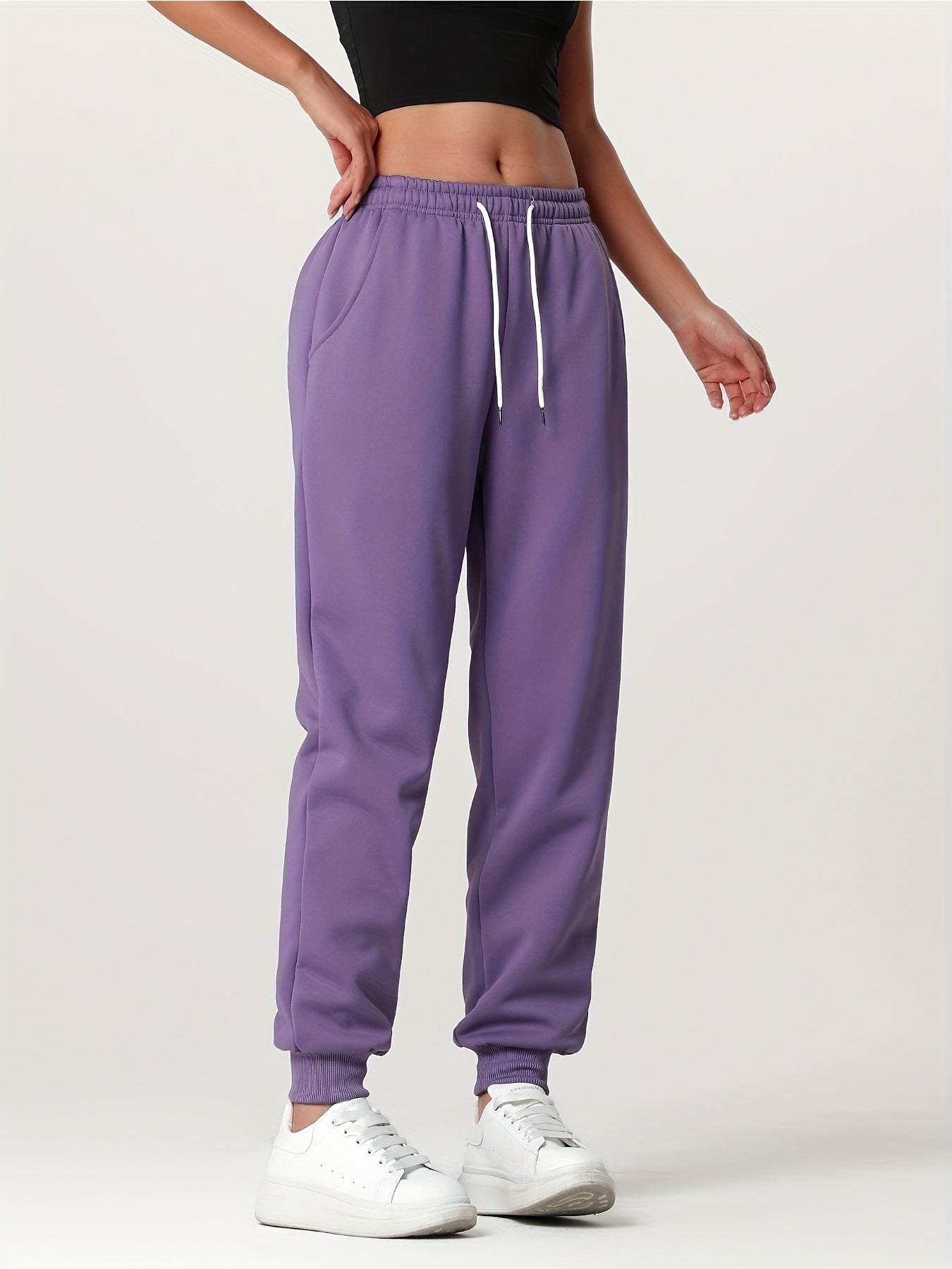 1pc Autumn Winter Women's Long Pants, Fleece-Lined Warm Casual Sports Trousers with Elastic Drawstring Waist, Slant Pockets, Windproof Thermal Cuffed Pants for Winter Daily Home Outing Hiking Leisure Wear