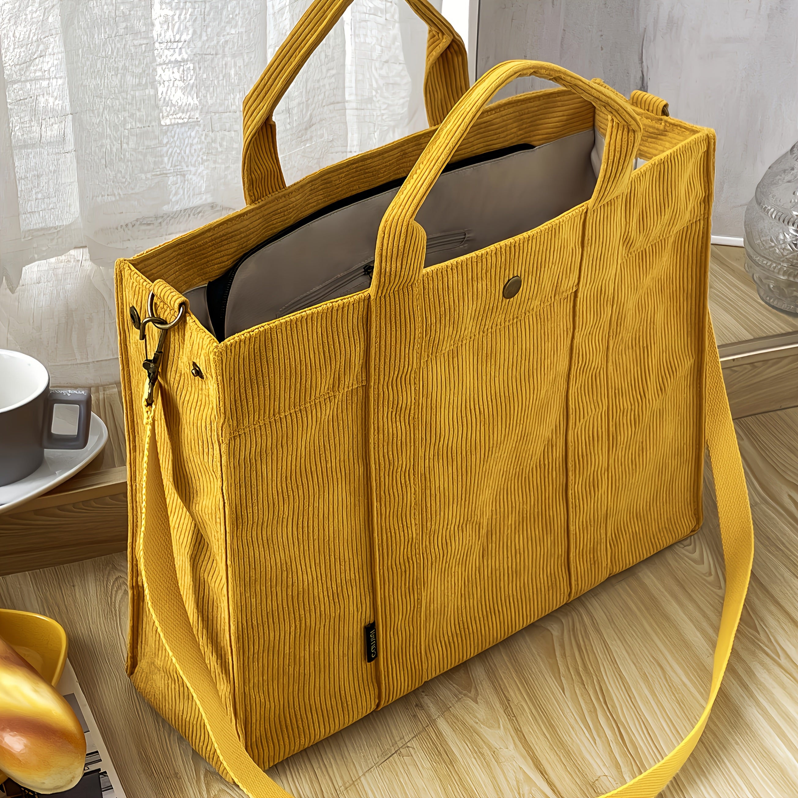 Women'S Corduroy Tote Bag - Stylish Striped Design with Zipper Closure, Thick and Durable, Perfect for Work, School, or Casual Use, Hand Wash Only, Everyday Tote Bag|Vintage Charm Bag|Soft Texture Ba