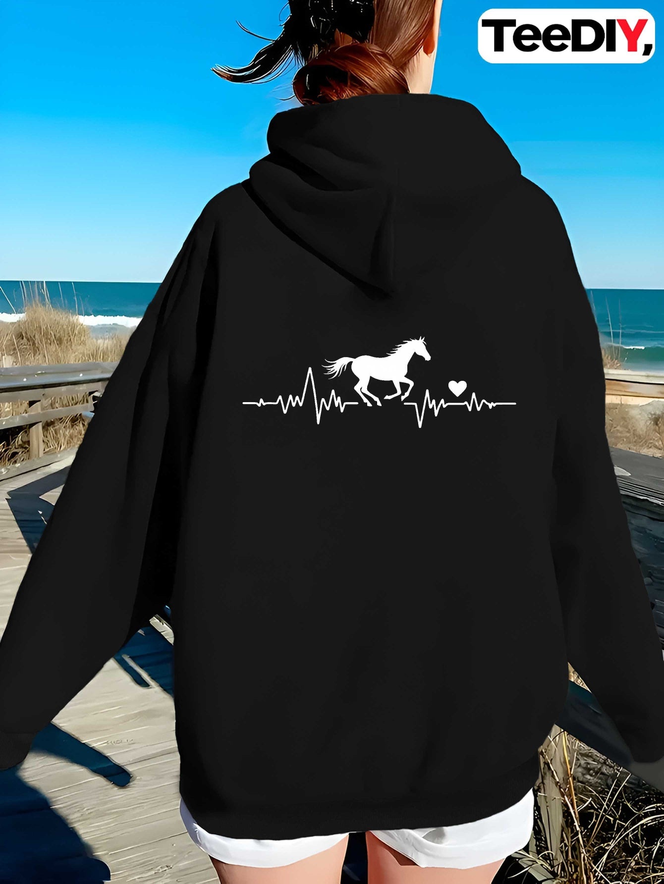 teediy Women'S Horse Heartbeat Minimalist Line Hooded Sweatshirt - Elegant Horse & Heartbeat Design, Long Sleeve Casual Pullover with Pockets