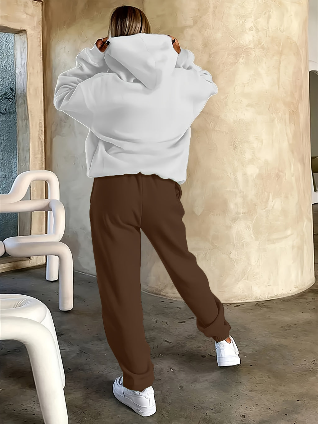 2025 Autumn/Winter New Arrival, Rider and Horse Pattern, Casual Letter Print Loose Warm Long Sleeve Hooded Sweatshirt and Drawstring Pants Women'S Two-Piece Set, Winter Clothing, Casual Wear, Trendy Outfit, Hooded Sweatshirt,