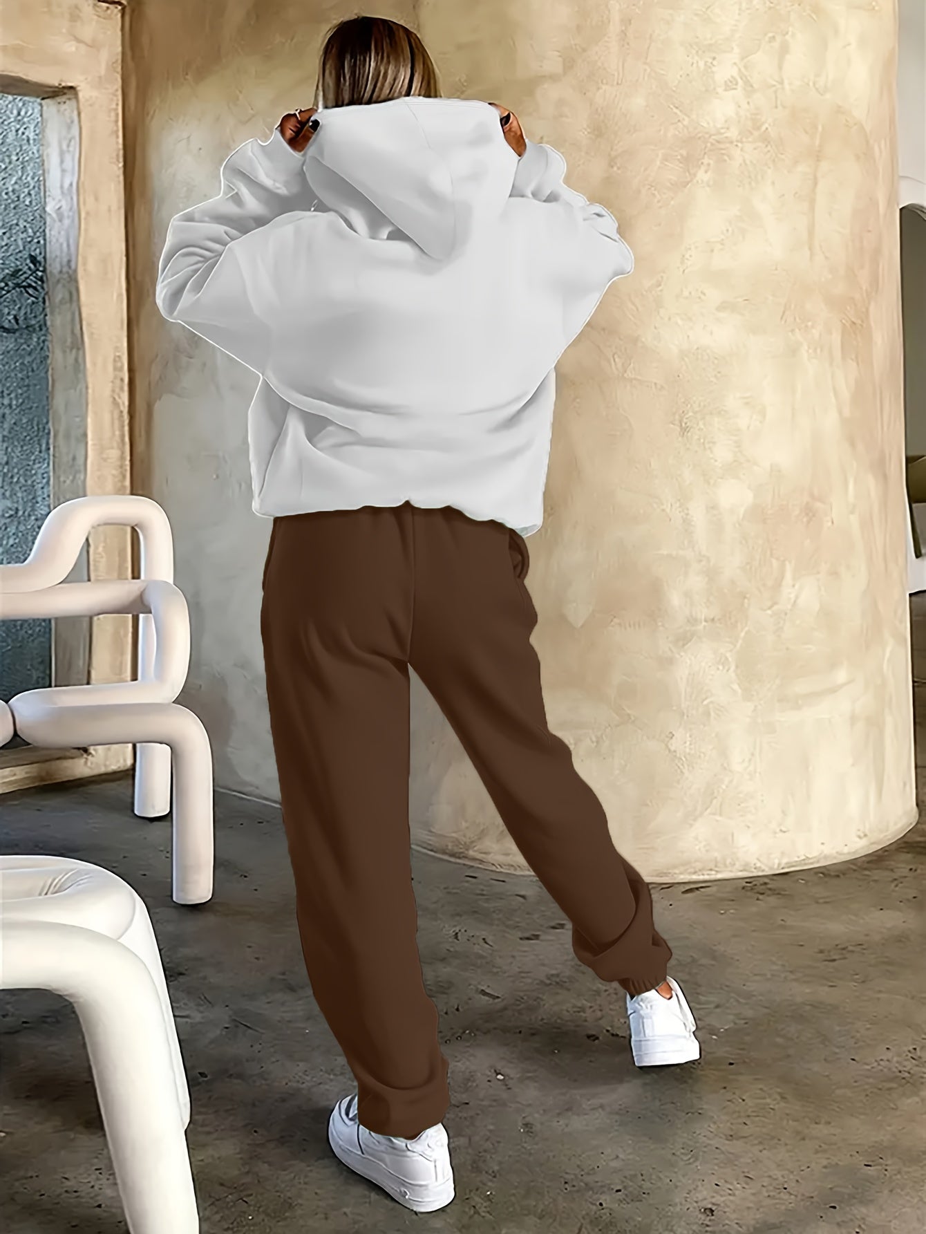 2025 Autumn/Winter New Arrival, Rider and Horse Pattern, Casual Letter Print Loose Warm Long Sleeve Hooded Sweatshirt and Drawstring Pants Women'S Two-Piece Set, Winter Clothing, Casual Wear, Trendy Outfit, Hooded Sweatshirt,