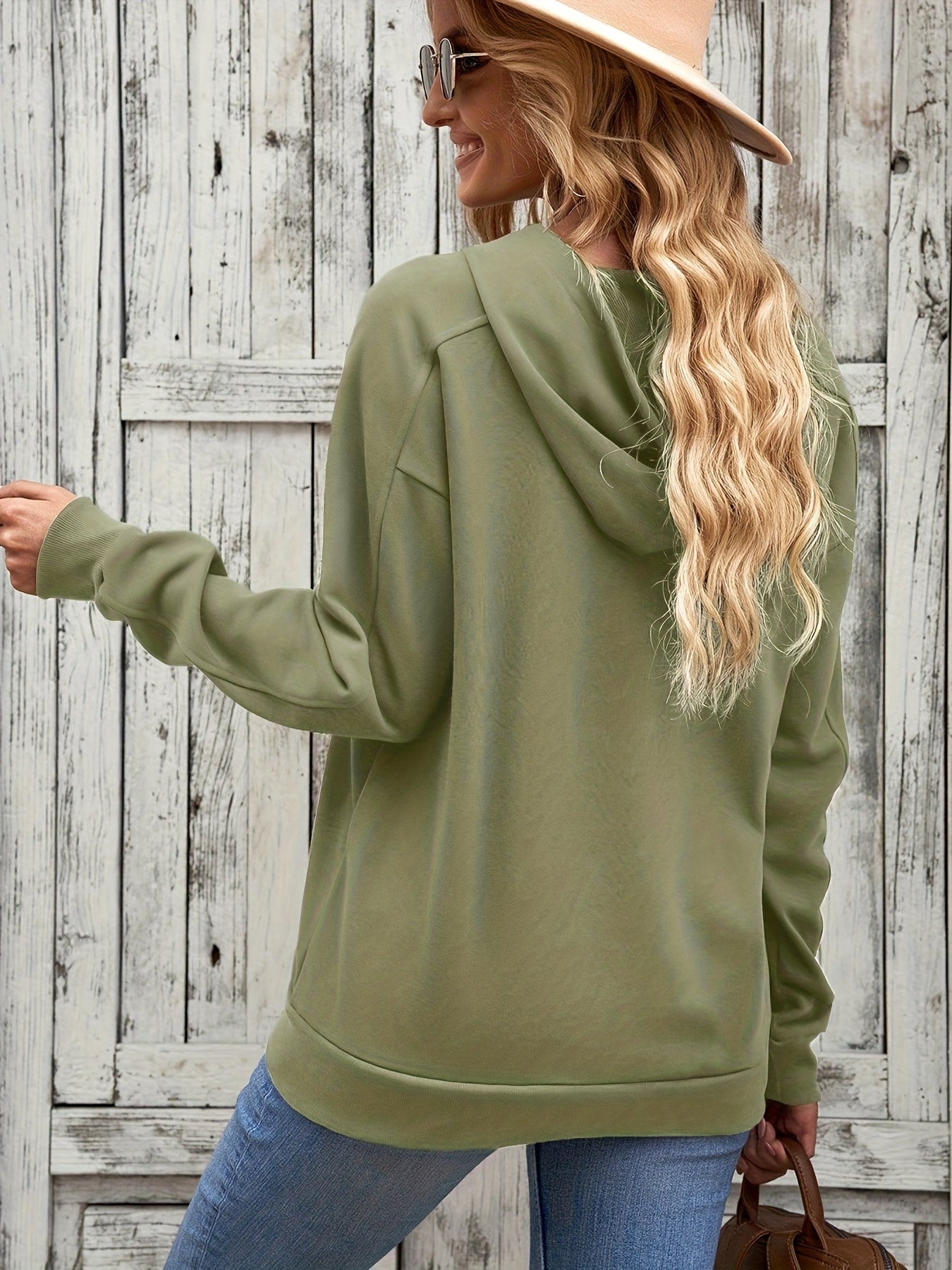 Women's Casual Long Sleeve Hooded Zip-Up Sweatshirt - Solid Green Relaxed Fit with Front Zipper & Side Lace-Up Details, Elastic Cuffs, Machine Washable, Autumn Winter Warmth