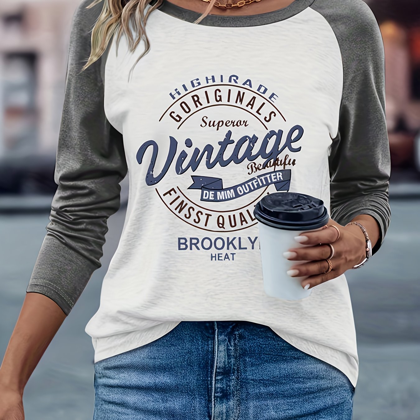 Women's Casual Long Sleeve Crew Neck T-Shirt - Vintage Brooklyn Letter Print, Heather Gray & Beige Color Block, Machine Washable Spring/Fall Top