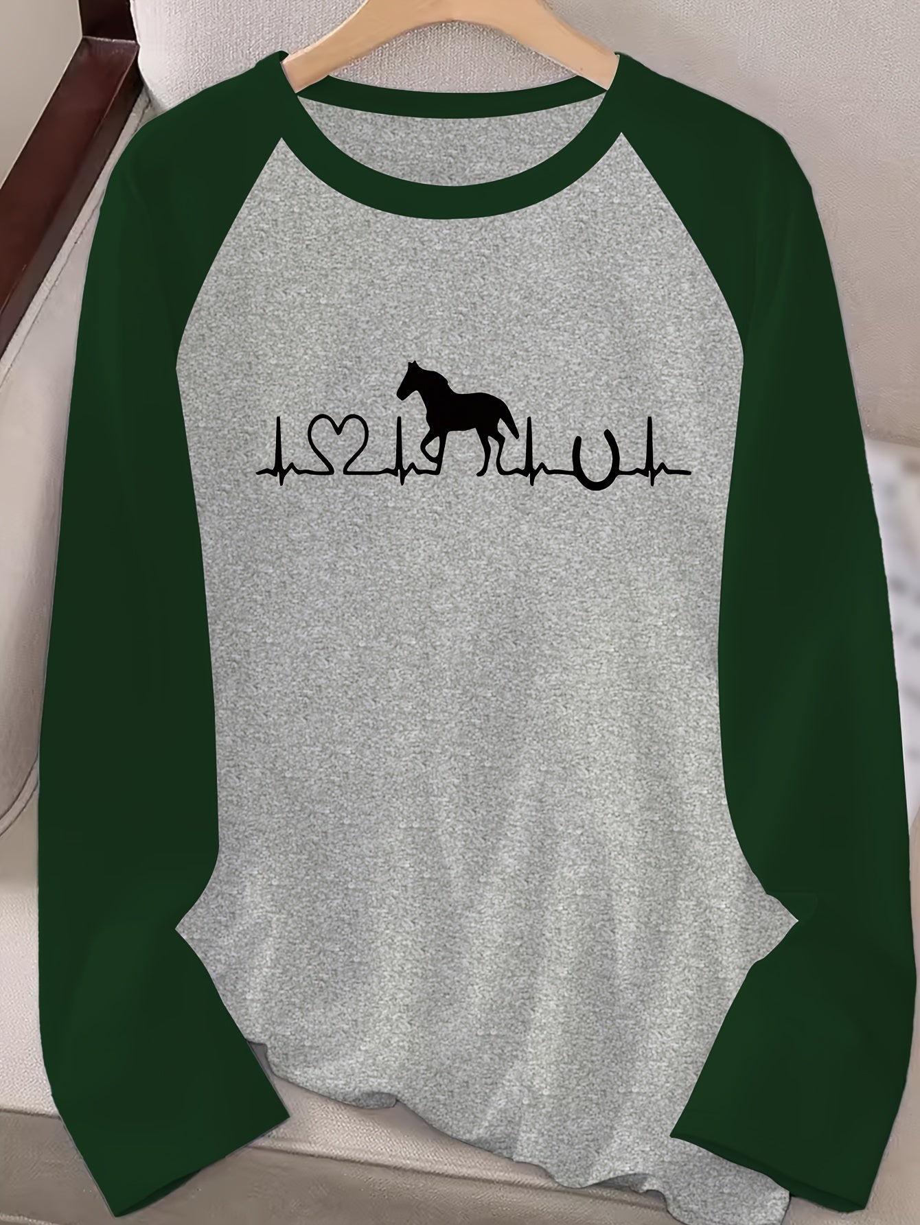 1pc Women'S Casual Horse Heartbeat Graphic T-Shirt, Polyester Knit Crew Neck Long Sleeve Pullover with Medium Stretch, Regular Fit All-Season Tee