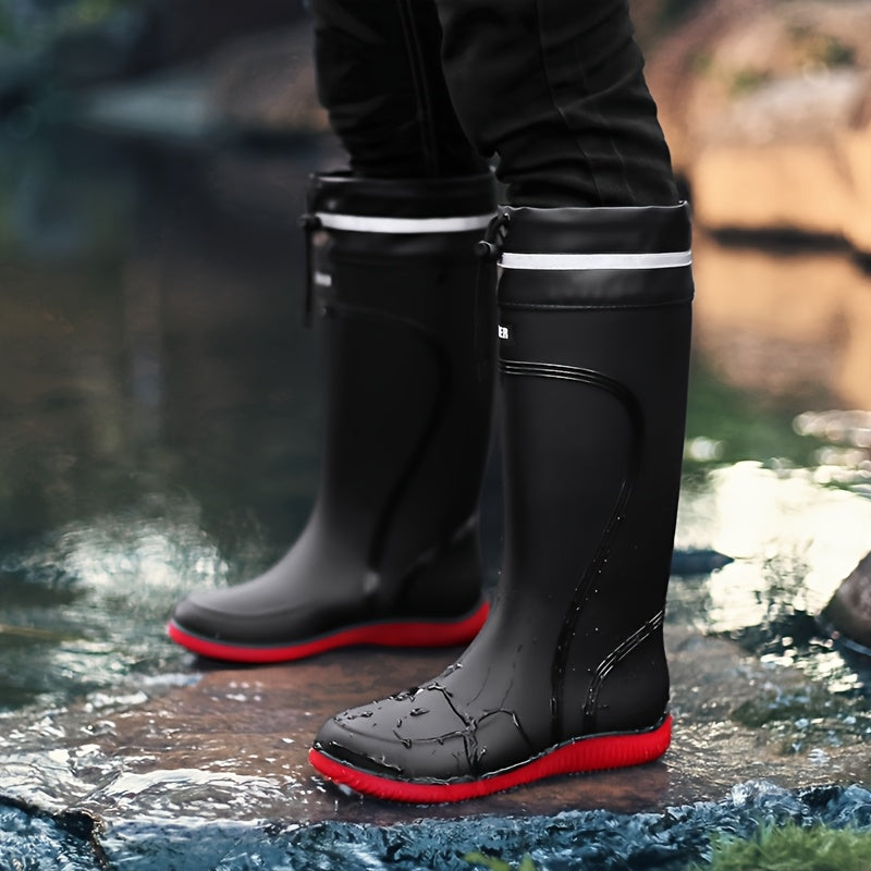 Stivali da Pioggia Unisex in PVC - Neri con Dettagli Rossi e Lati Elastici