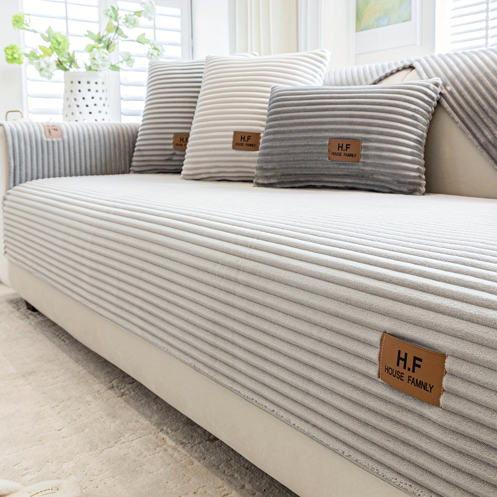 1pc HF Modern Plush Flannel Sofa Cushion Cover - Pet-Friendly Non-Slip Sofa Protector with Striped Design & Leather-Like Patches, Machine Washable Furniture Cover for 3/2/4-Seater, Living Room, Bedroom, Office Decor, Bedroom