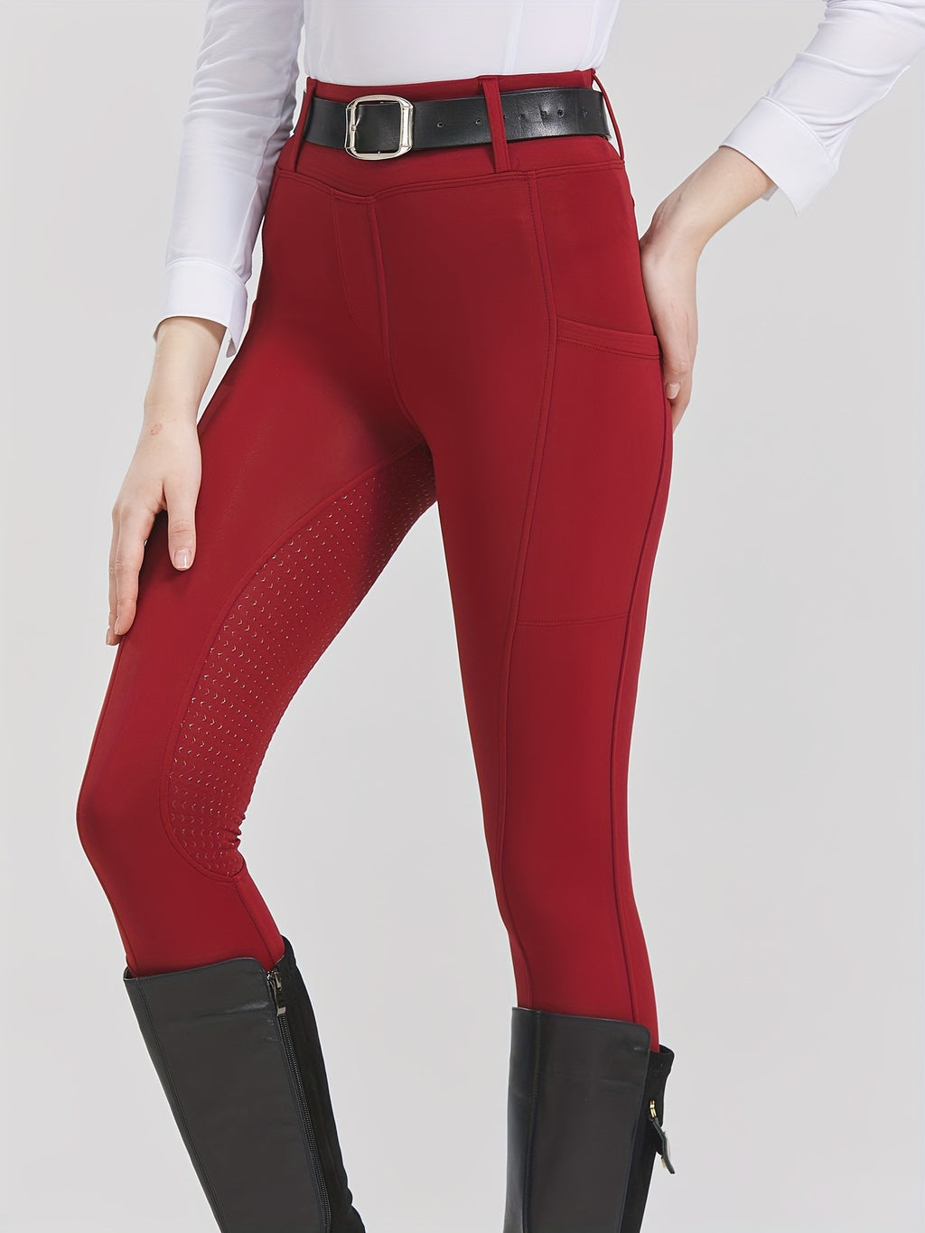 High-Elasticity Brushed Fabric Equestrian Pants with Silicone Grip, All-Season Horse Riding Tights with Pockets, Breathable and Durable