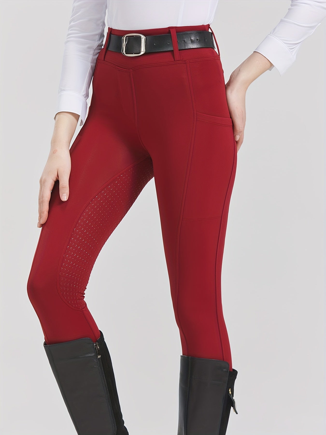 High-Elasticity Brushed Fabric Equestrian Pants with Silicone Grip, All-Season Horse Riding Tights with Pockets, Breathable and Durable