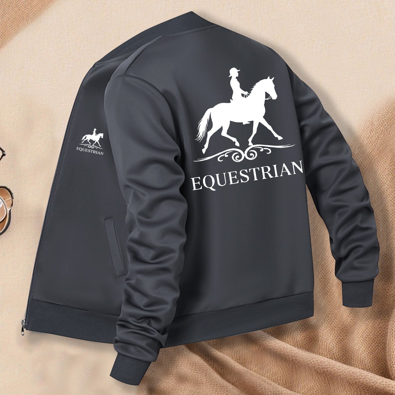 Women's Equestrian Print Casual Jacket - All-Season Comfort with Baseball Collar & Zip-Up Design, Long Sleeve Machine-Washable Coat with Pockets for Outdoor Activities, Equestrian Apparel, Durable Zipper Closure