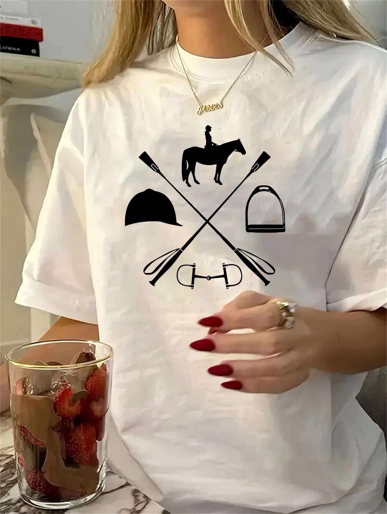 Women's Equestrian & Geometric Print Short Sleeve Crew Neck T-Shirt - Vibrant Red with Black Horseback Riding Design, Breathable Machine-Washable Casual Top for Summer, Spring & All-Season Wear, Horse Shirt, Summer Fashion, S