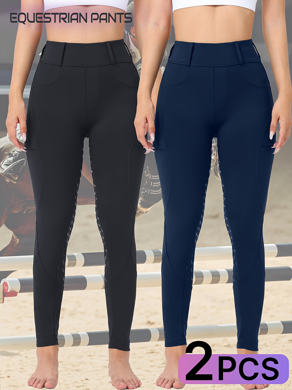 Two-Piece Women'S Equestrian Pants High-Waisted Butt-Lifting Breathable Riding Pants with Side Pockets, Full-Seat Silicone Quick-Dry Tight-Fitting Shaping High-Elasticity Anti-Slip Horseback Riding Pants Suitable for Professi