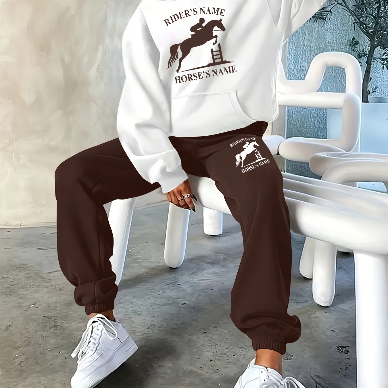 2025 Autumn/Winter New Arrival, Rider and Horse Pattern, Casual Letter Print Loose Warm Long Sleeve Hooded Sweatshirt and Drawstring Pants Women'S Two-Piece Set, Winter Clothing, Casual Wear, Trendy Outfit, Hooded Sweatshirt,