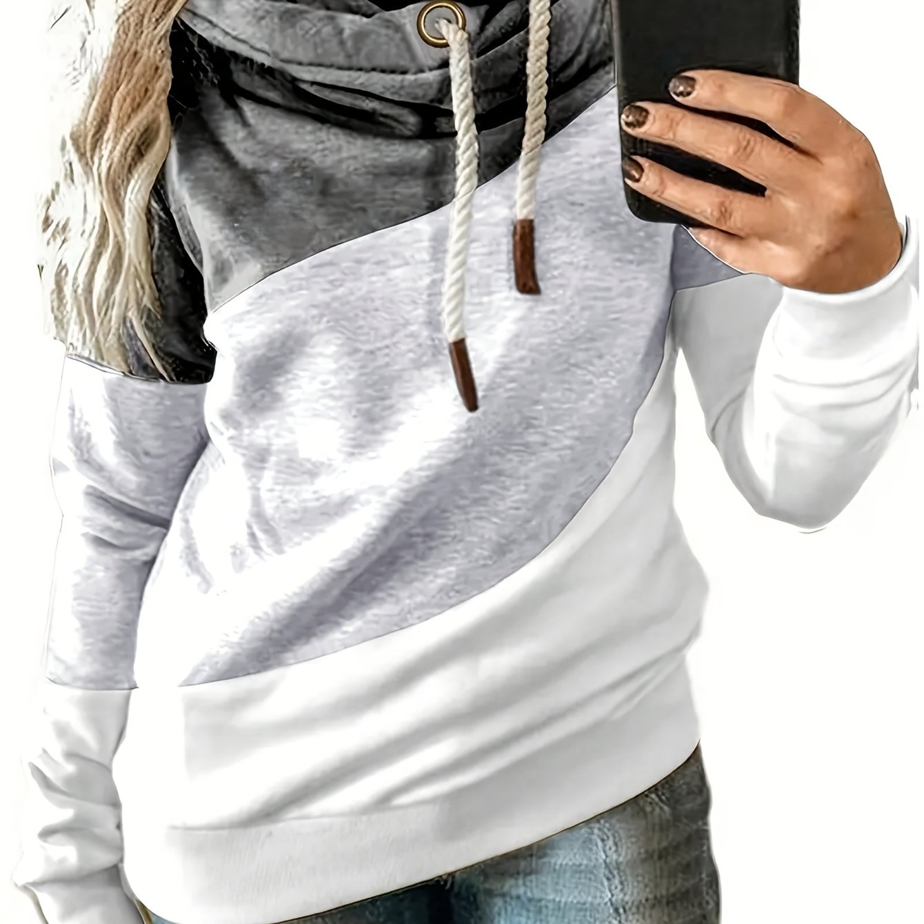 1pc Women'S Plus Size Casual Patchwork Hoodie - Polyester Knit Fabric with Slight Stretch, Hooded Collar, Long Sleeve Pullover for Fall/Winter