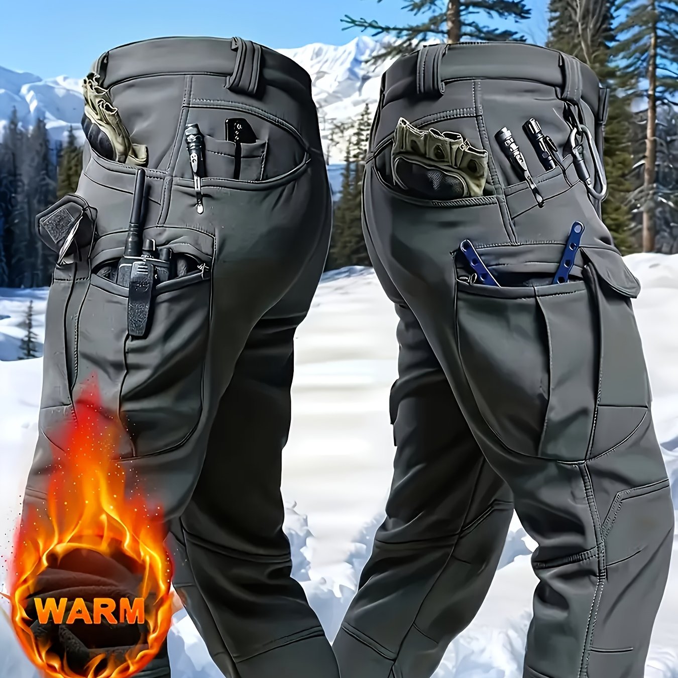 1pc Men's Fleece-Lined Warm Tactical Cargo Pants, Winter Thickened Style with Multiple Front and Back Zippers & Side Slanting Flap Patches for Outdoor Hiking/Fishing, Cold Weather Clothing, Fishing Pants, Rugged Design, Tacti