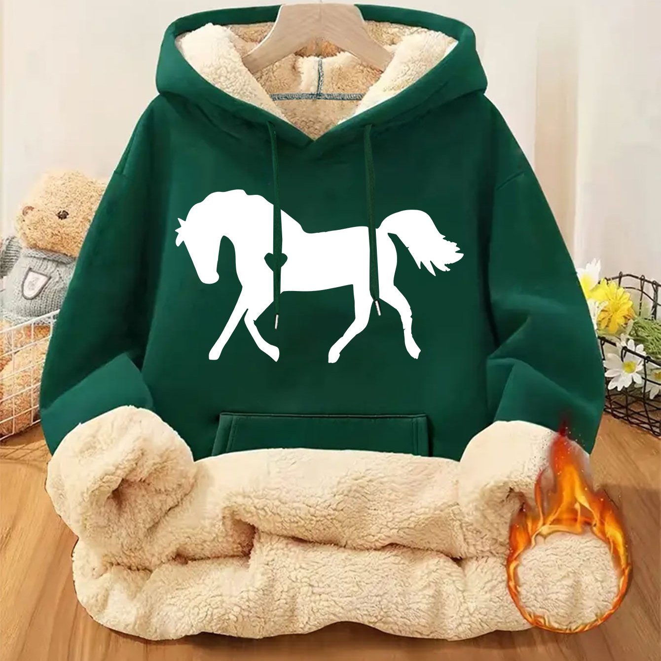 Women's Horse Print Hoodie Jacket - Pocket & Adjustable Hood, Cozy Winter Warm Pullover, Casual Long Sleeve Sizes XS-XXL (Machine Washable) - Fall & Winter Outerwear for Horseback Riding & Casual Attire