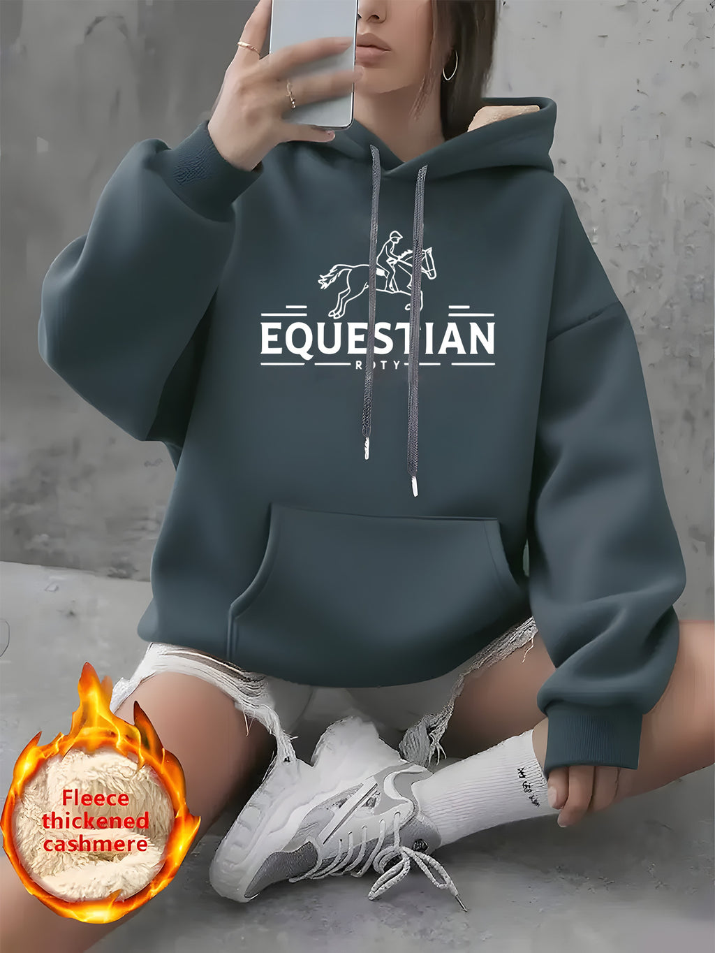 Women'S Equestrian City Horse Riding Graphic Hooded Fleece Sweatshirt - with Lettering & Horse Print, Casual Winter Warmth, Machine Washable, Horse Riding Clothes, Leisure Wear, Cozy Clothing, Durable Fabric, Printed Top, Out