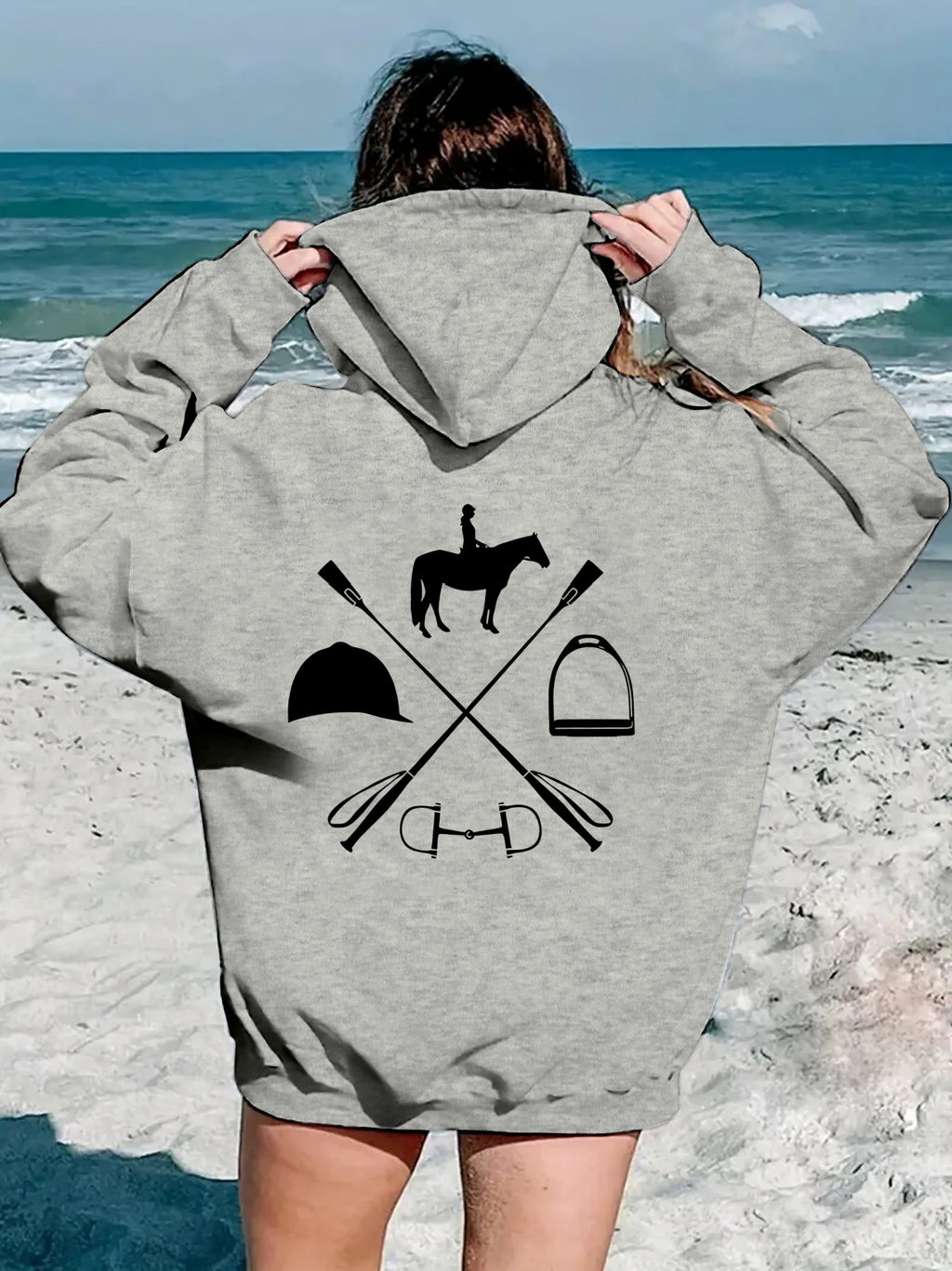 Women's Hooded Sweatshirt - Japanese Horseback Riding Design with Horse & Jockey Print, Soft Loose-Fit Pullover, Machine Washable All-Season Casual Sweater for Horse Riding & Casual Attire (Pockets, Long Sleeve) - Ideal for E