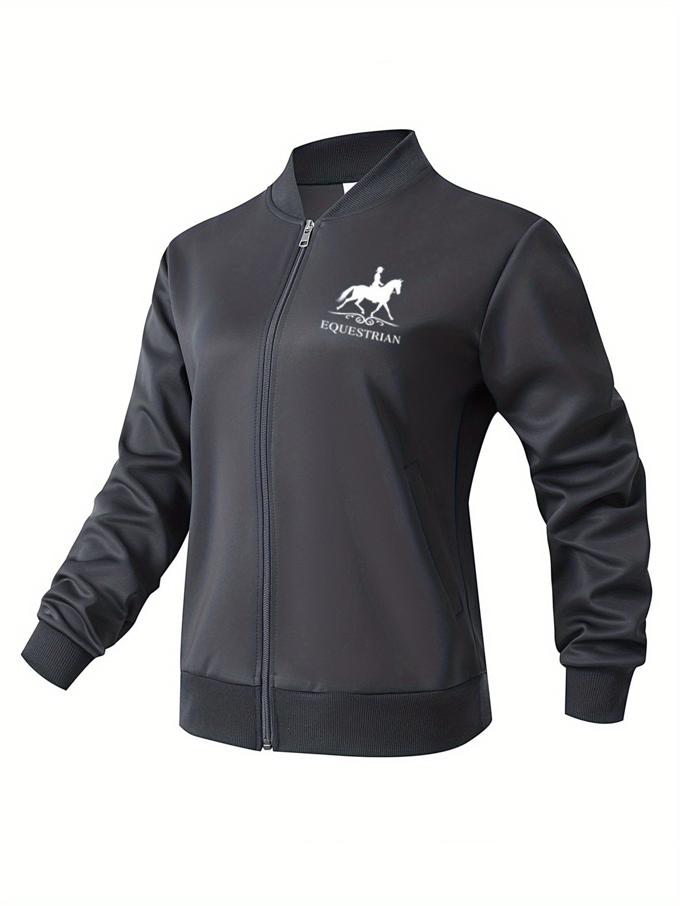Women's Equestrian Print Casual Jacket - All-Season Comfort with Baseball Collar & Zip-Up Design, Long Sleeve Machine-Washable Coat with Pockets for Outdoor Activities, Equestrian Apparel, Durable Zipper Closure
