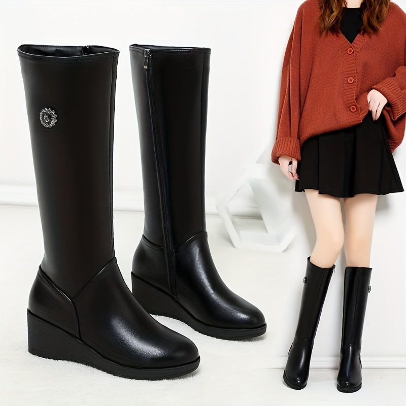 Stivali Donna Platform Invernali al Ginocchio - Neri con Tacco Chunky e Zip