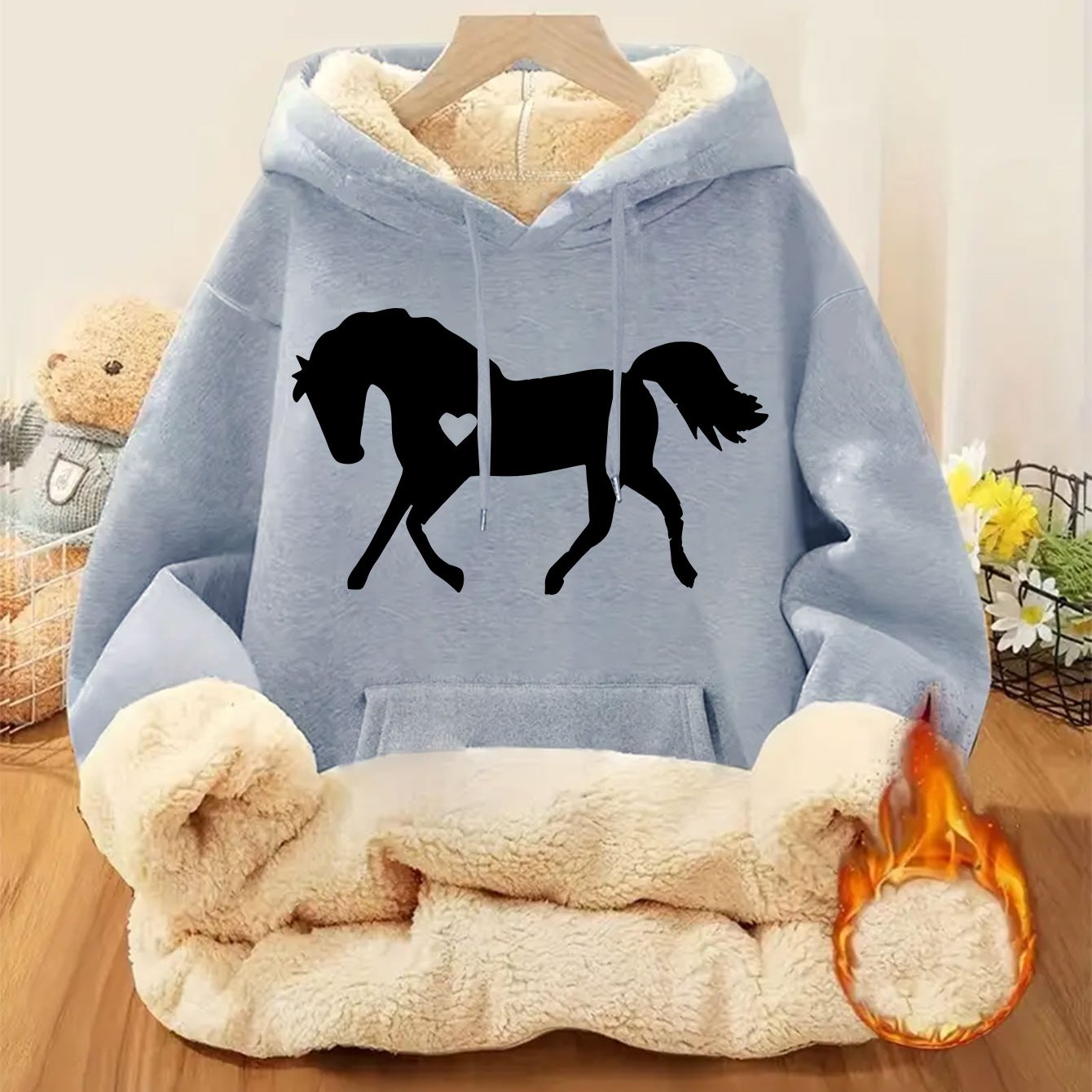 Women's Horse Print Hoodie Jacket - Pocket & Adjustable Hood, Cozy Winter Warm Pullover, Casual Long Sleeve Sizes XS-XXL (Machine Washable) - Fall & Winter Outerwear for Horseback Riding & Casual Attire