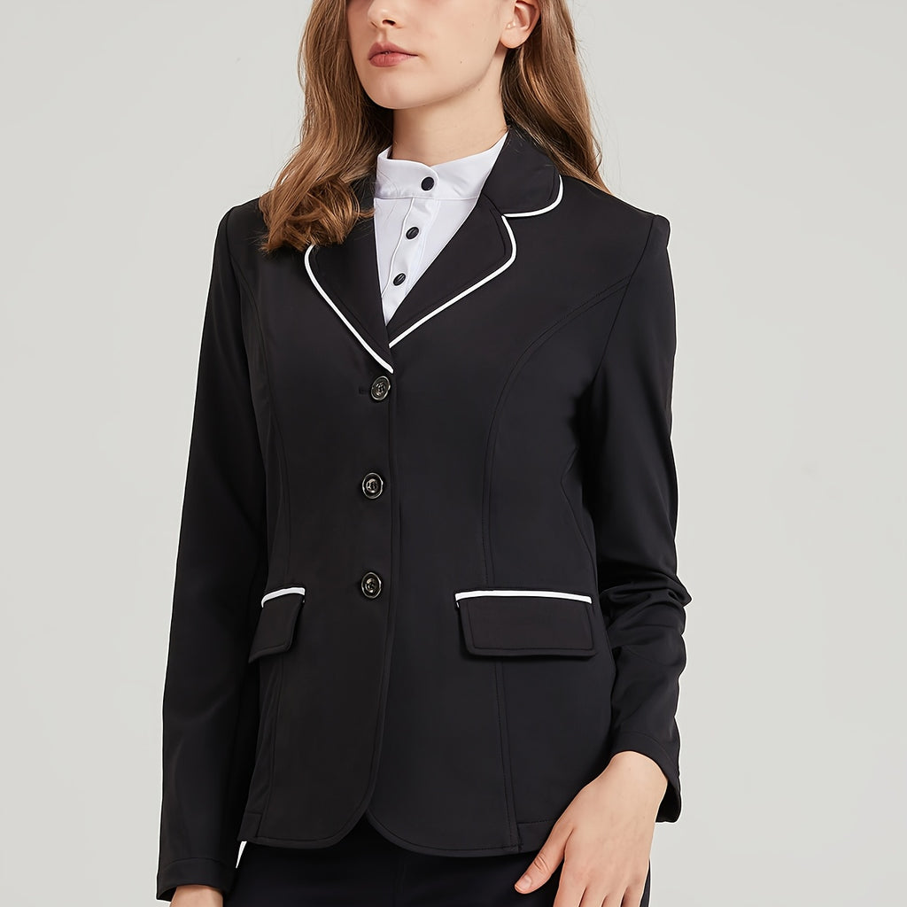 Women's Elegant Equestrian Suit Jacket - Polyester Blend, Spandex-Enhanced, High Stretch, Lapel Collar, Slim Fit, Long Sleeve with Button Details, Woven Color Block Pattern Riding Blazer for All Seasons