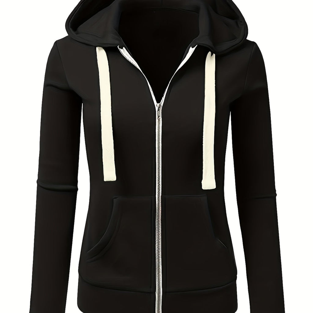 Women's Full-Zip Hoodie - Soft Inner Lining, Front Zipper Closure, Side Pockets - All-Season Casual Outerwear - Machine Washable Women's Jacket (Black/with Accents), Comfortable Clothing, Striped Drawstring Hood, Durable Fabr