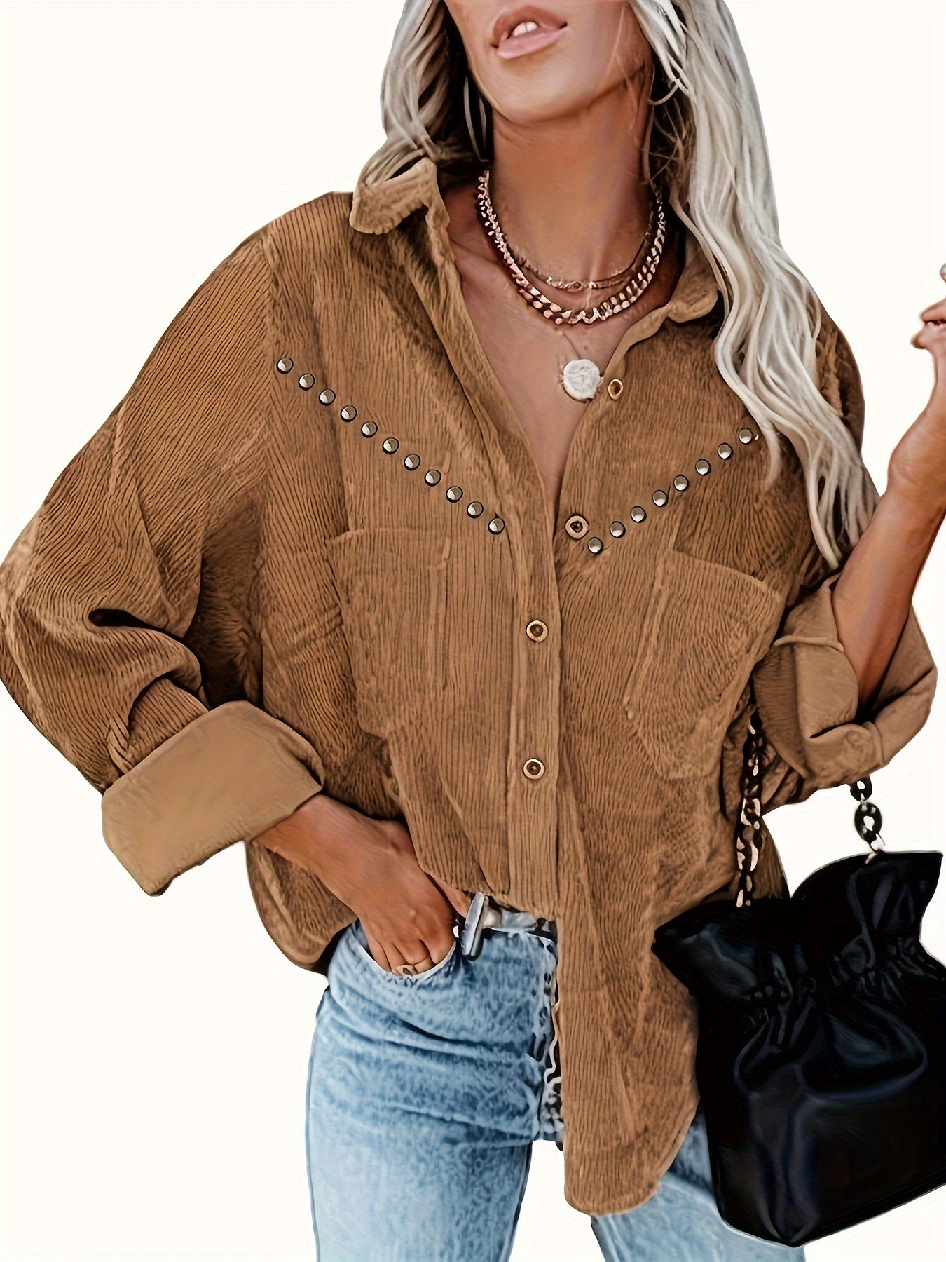 Vintage-Inspired Solid Color Button-Up Shirt with Pockets - Long Sleeve, Polyester, Machine Washable - Elegant Women's Fashion