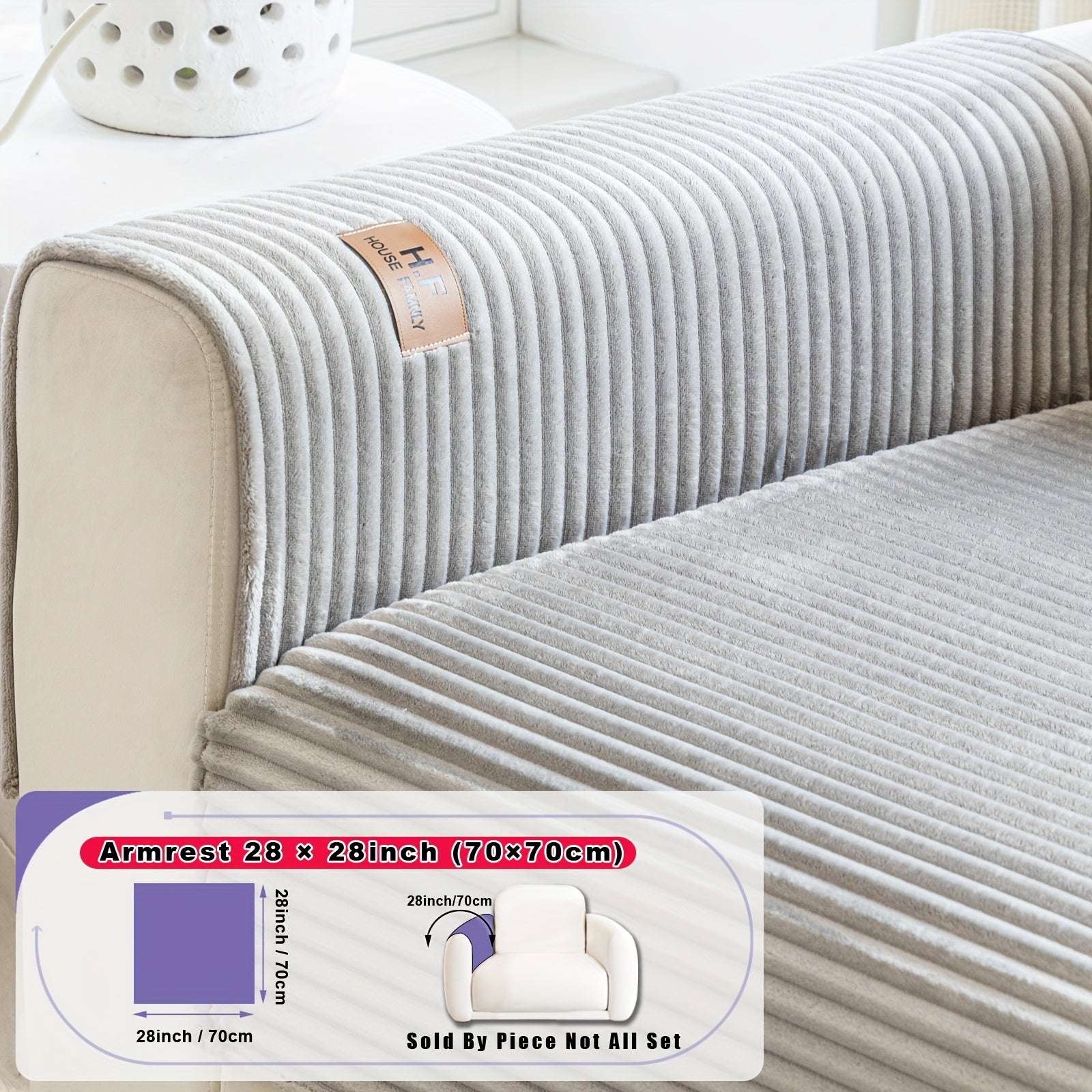 1pc HF Modern Plush Flannel Sofa Cushion Cover - Pet-Friendly Non-Slip Sofa Protector with Striped Design & Leather-Like Patches, Machine Washable Furniture Cover for 3/2/4-Seater, Living Room, Bedroom, Office Decor, Bedroom