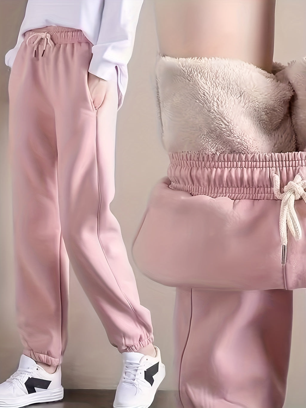 1pc Autumn Winter Women's Long Pants, Fleece-Lined Warm Casual Sports Trousers with Elastic Drawstring Waist, Slant Pockets, Windproof Thermal Cuffed Pants for Winter Daily Home Outing Hiking Leisure Wear
