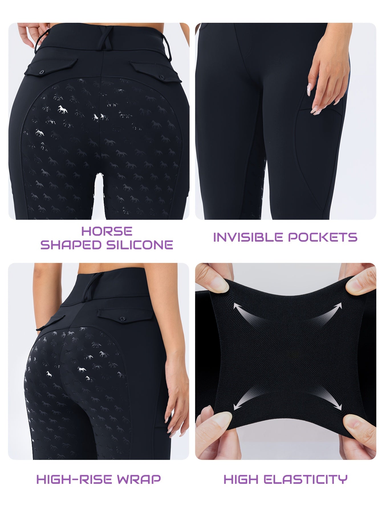 Two-Piece Women'S Equestrian Pants High-Waisted Butt-Lifting Breathable Riding Pants with Side Pockets, Full-Seat Silicone Quick-Dry Tight-Fitting Shaping High-Elasticity Anti-Slip Horseback Riding Pants Suitable for Professi