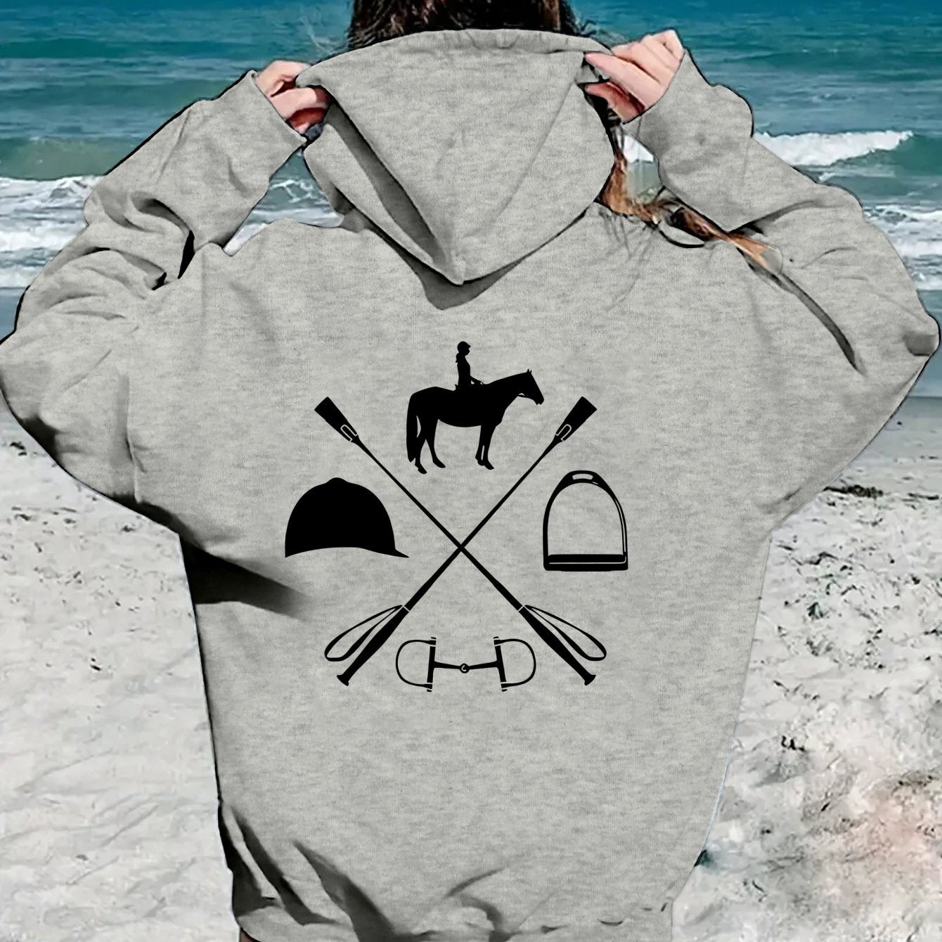 Women's Hooded Sweatshirt - Japanese Horseback Riding Design with Horse & Jockey Print, Soft Loose-Fit Pullover, Machine Washable All-Season Casual Sweater for Horse Riding & Casual Attire (Pockets, Long Sleeve) - Ideal for E