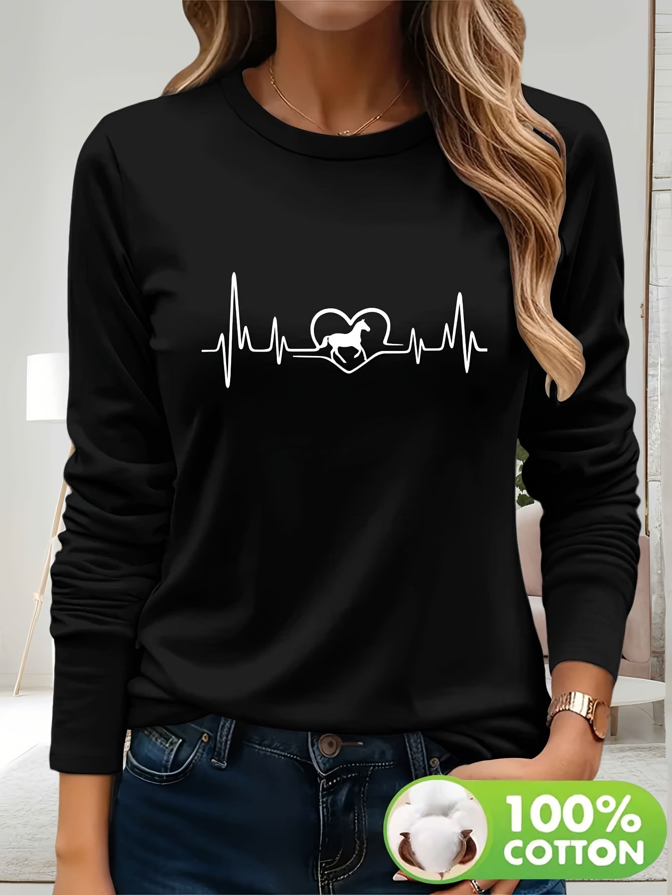 Women's 100% Cotton Long Sleeve T-Shirt - Heartbeat & Galloping Horse Graphic Print, Light Yellow Casual Round Neck Top for Spring/Summer, Machine Washable, Spring Summer Apparel, Unique Graphic Tee, Breathable Fabric, Spring
