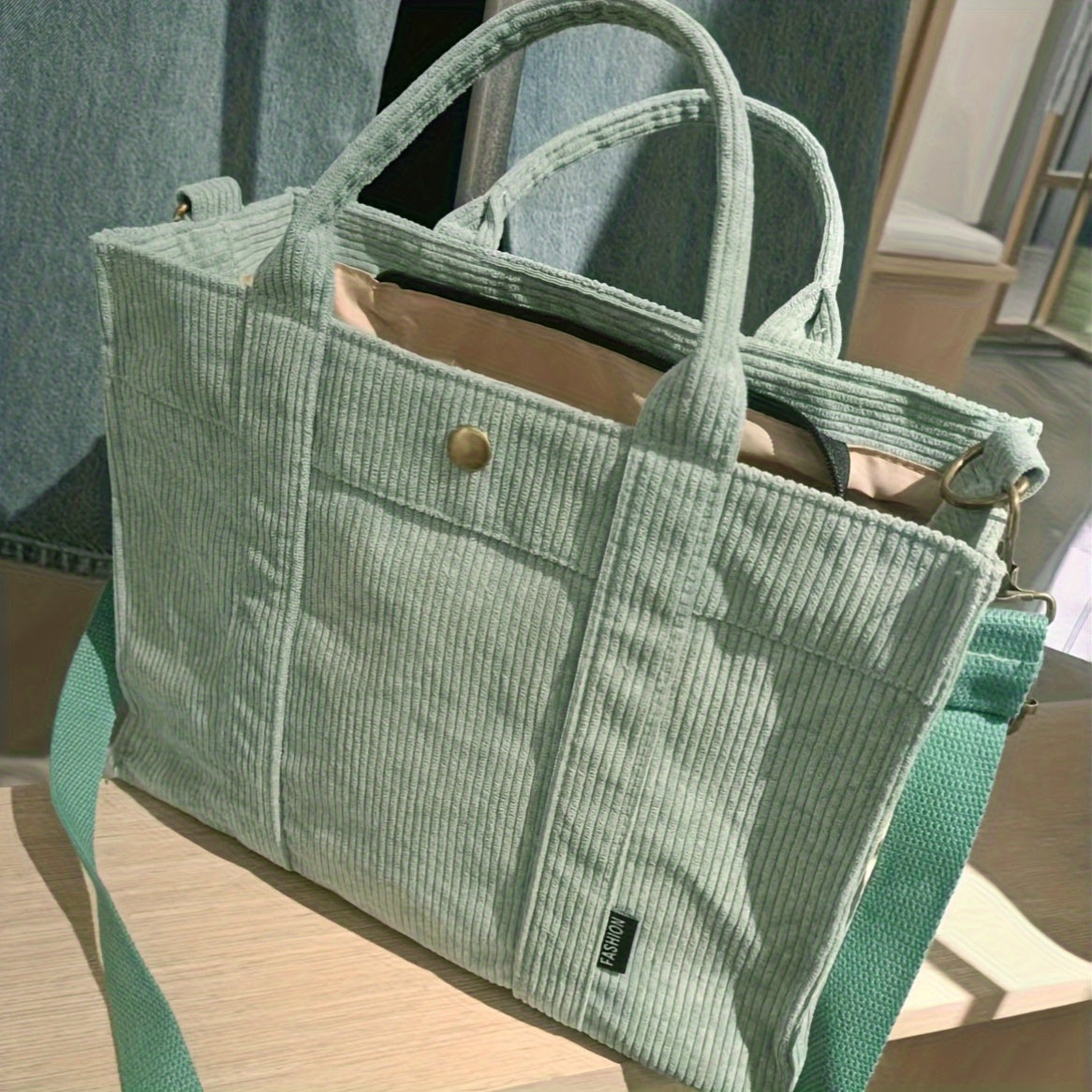 Women'S Corduroy Tote Bag - Stylish Striped Design with Zipper Closure, Thick and Durable, Perfect for Work, School, or Casual Use, Hand Wash Only, Everyday Tote Bag|Vintage Charm Bag|Soft Texture Ba