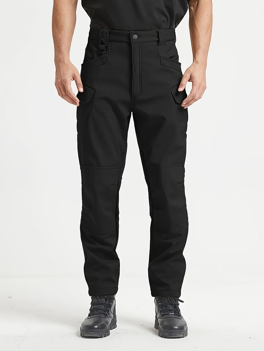 1pc Men's Fleece-Lined Warm Tactical Cargo Pants, Winter Thickened Style with Multiple Front and Back Zippers & Side Slanting Flap Patches for Outdoor Hiking/Fishing, Cold Weather Clothing, Fishing Pants, Rugged Design, Tacti