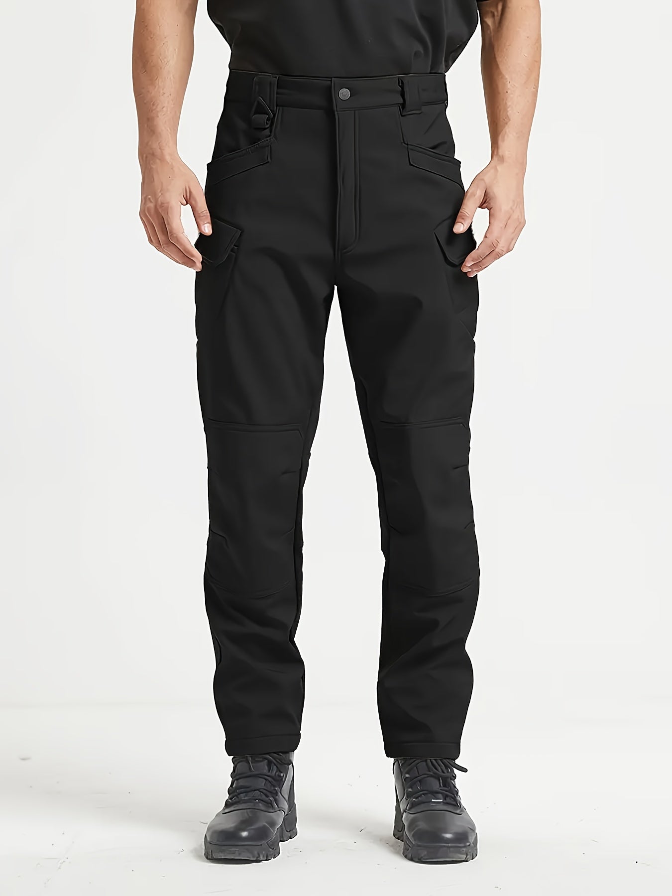 1pc Men's Fleece-Lined Warm Tactical Cargo Pants, Winter Thickened Style with Multiple Front and Back Zippers & Side Slanting Flap Patches for Outdoor Hiking/Fishing, Cold Weather Clothing, Fishing Pants, Rugged Design, Tacti