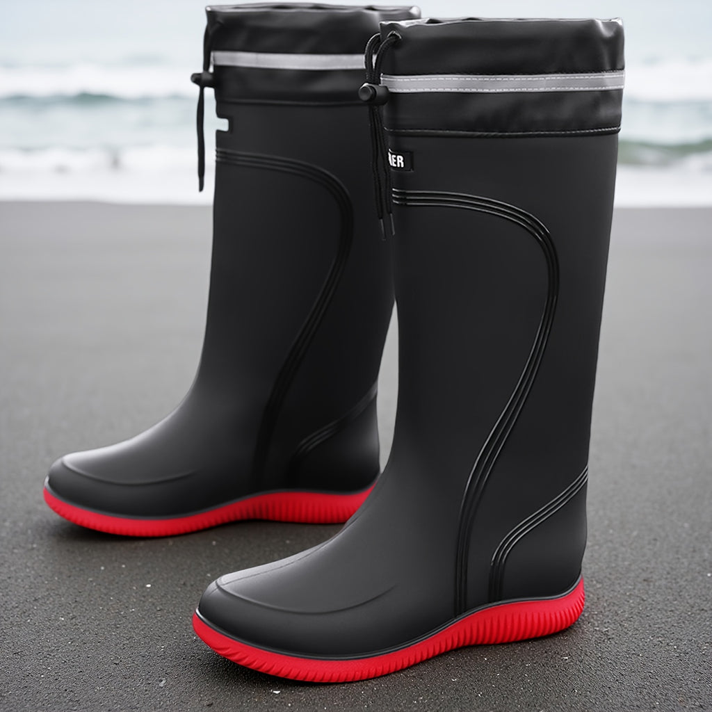 Stivali da Pioggia Unisex in PVC - Neri con Dettagli Rossi e Lati Elastici