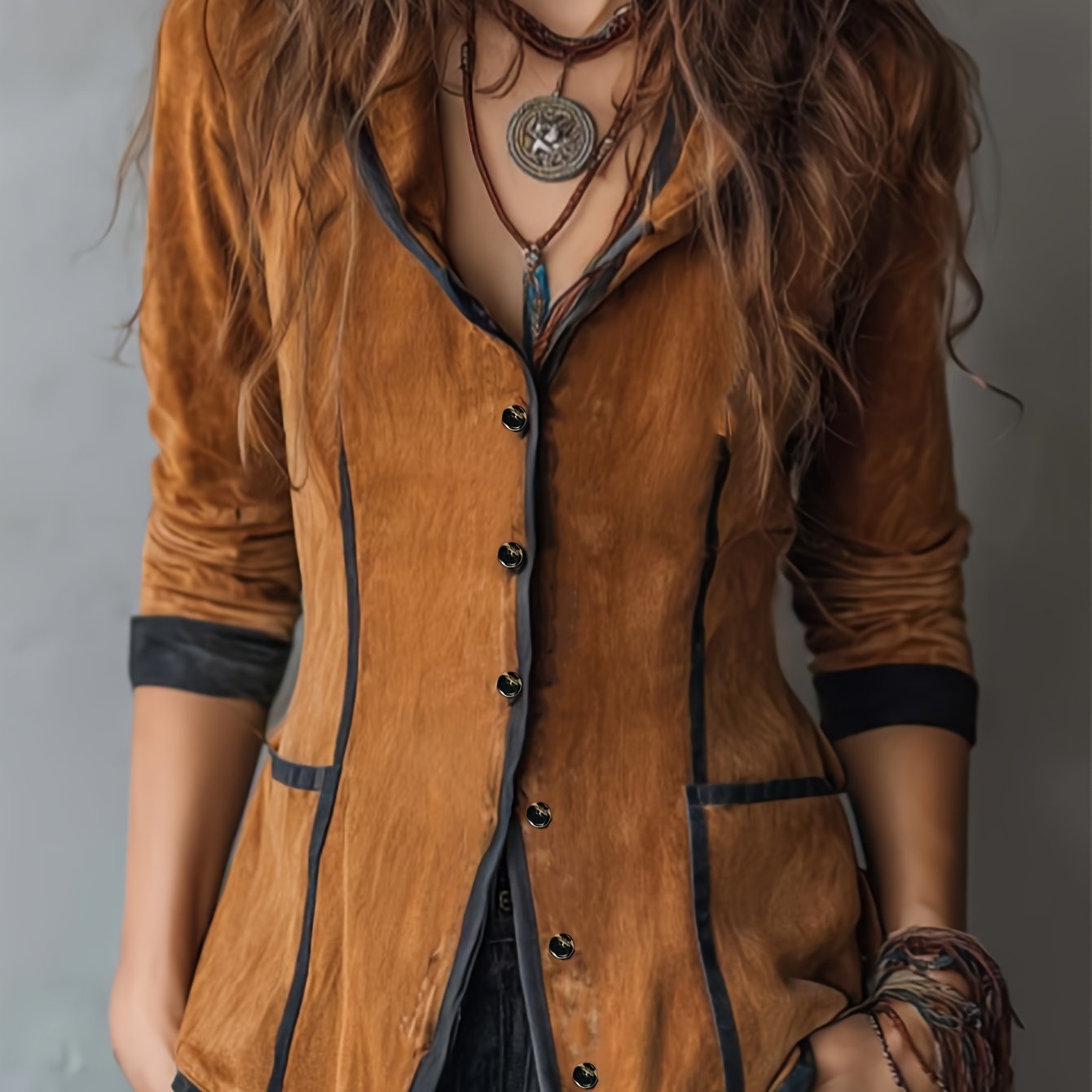 Women's Western Vintage Jacket - Hooded Long Coat with Contrast collar & buttons, All-Season Brown Outerwear for Casual Formal Events - LL168, Versatile Layering, Classic Silhouette, Refined Finish, Fashionconscious Women