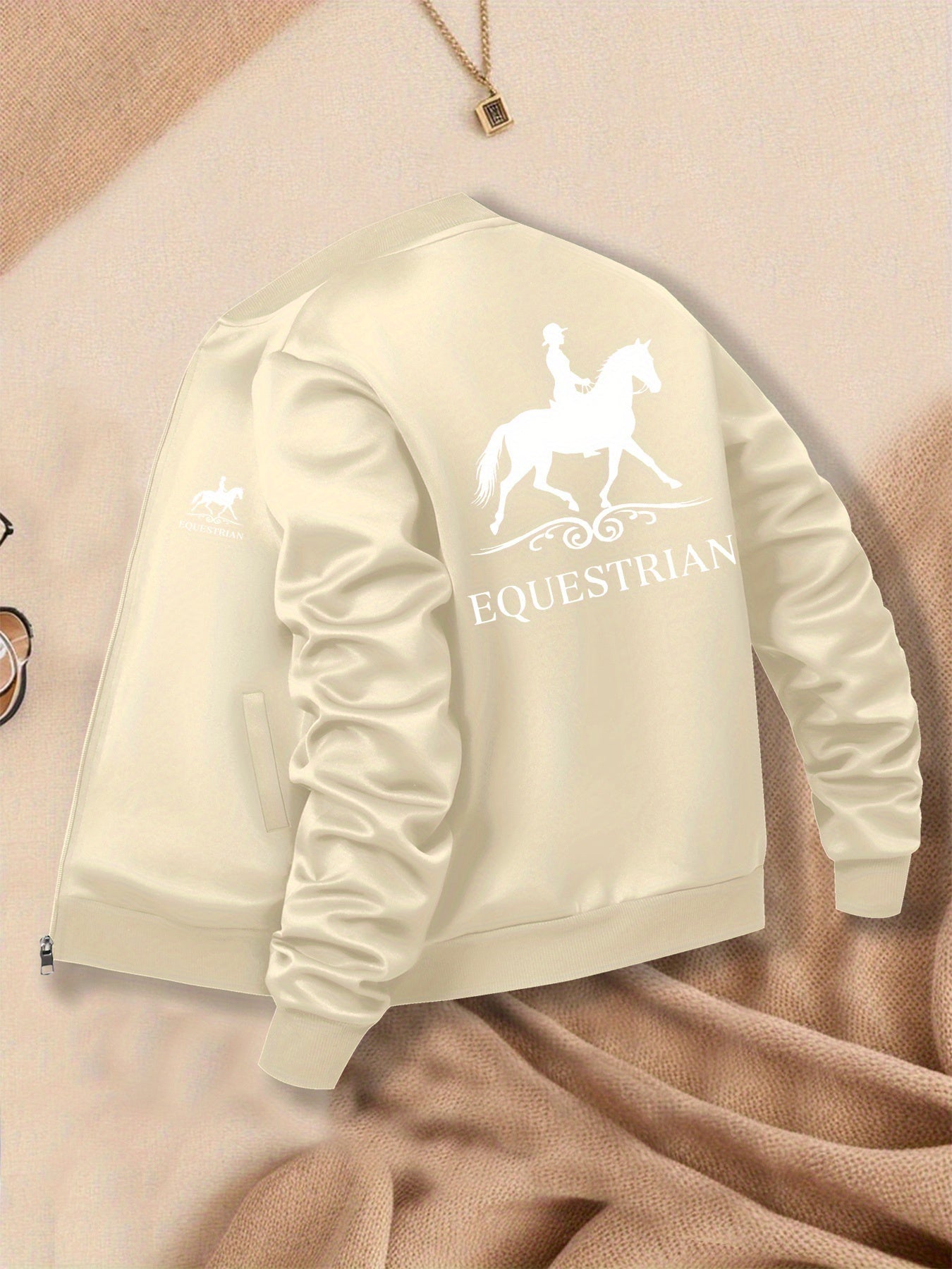 Women's Equestrian Print Casual Jacket - All-Season Comfort with Baseball Collar & Zip-Up Design, Long Sleeve Machine-Washable Coat with Pockets for Outdoor Activities, Equestrian Apparel, Durable Zipper Closure