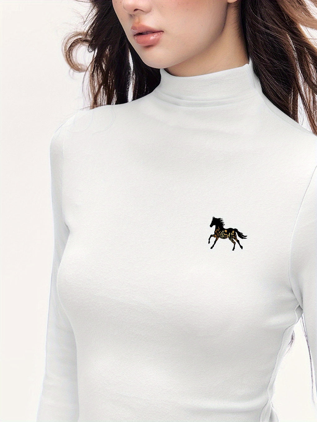Women'S Elegant Half-Turtleneck Long Sleeve T-Shirt - Soft Fleece-Like Fabric, Black with White Horse Silhouette & Golden Accents, Machine Washable, Versatile Casual & Formal Wear, Winter Warmth, 2025 Autumn Winter Essential,