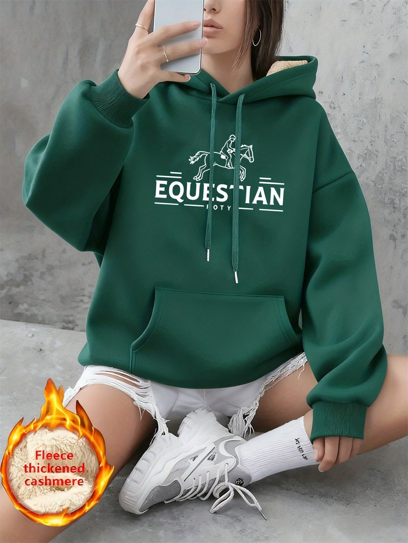 Women'S Equestrian City Horse Riding Graphic Hooded Fleece Sweatshirt - with Lettering & Horse Print, Casual Winter Warmth, Machine Washable, Horse Riding Clothes, Leisure Wear, Cozy Clothing, Durable Fabric, Printed Top, Out