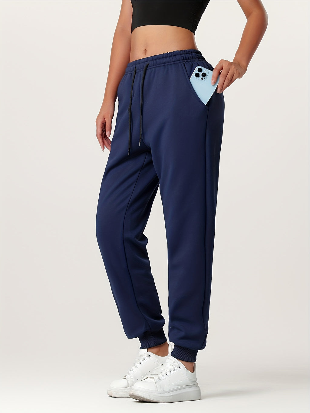 1pc Autumn Winter Women's Long Pants, Fleece-Lined Warm Casual Sports Trousers with Elastic Drawstring Waist, Slant Pockets, Windproof Thermal Cuffed Pants for Winter Daily Home Outing Hiking Leisure Wear