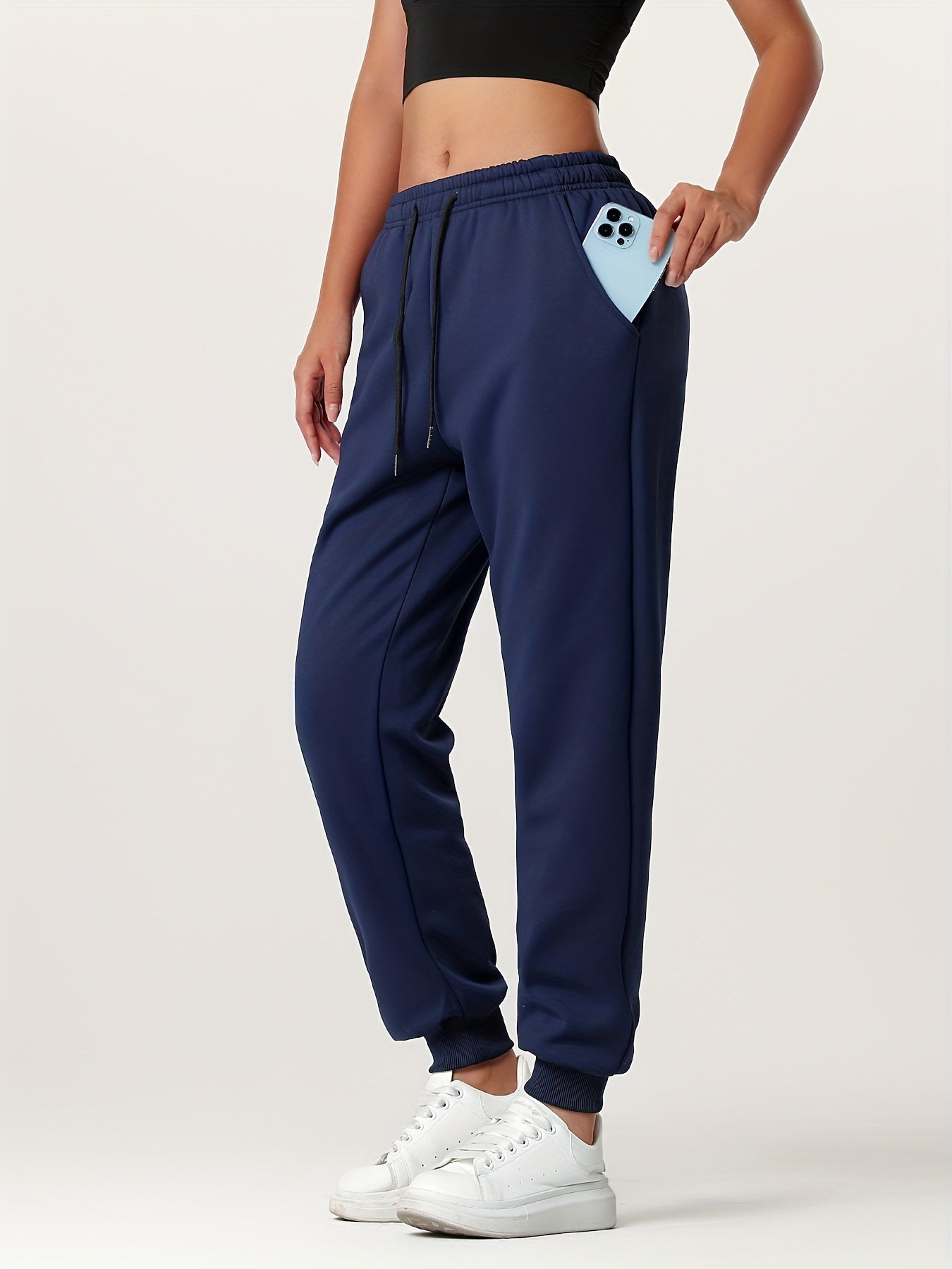 1pc Autumn Winter Women's Long Pants, Fleece-Lined Warm Casual Sports Trousers with Elastic Drawstring Waist, Slant Pockets, Windproof Thermal Cuffed Pants for Winter Daily Home Outing Hiking Leisure Wear