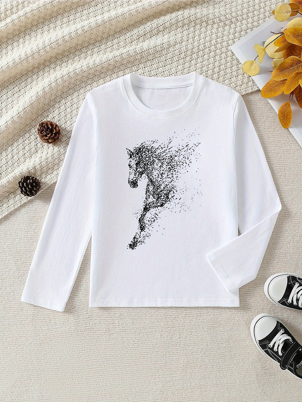 Girls' 100% Cotton Long Sleeve T-Shirt - Soft & Breathable Everyday Top with Horse & Rider Equestrian Print, Round Neck Casual Pink Blouse for Home, Outdoor & Sports | All-Season Comfort, Machine Washable, Ideal for Horseback