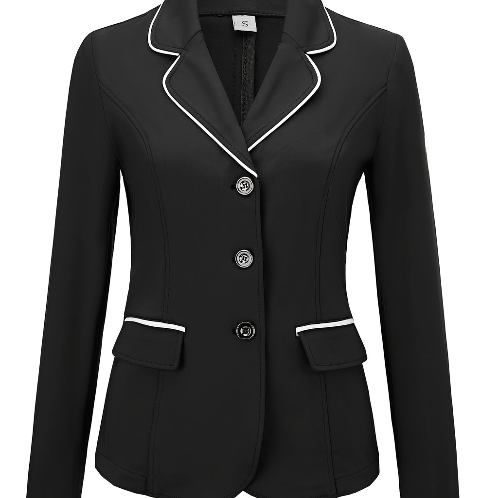 Women's Elegant Equestrian Suit Jacket - Polyester Blend, Spandex-Enhanced, High Stretch, Lapel Collar, Slim Fit, Long Sleeve with Button Details, Woven Color Block Pattern Riding Blazer for All Seasons