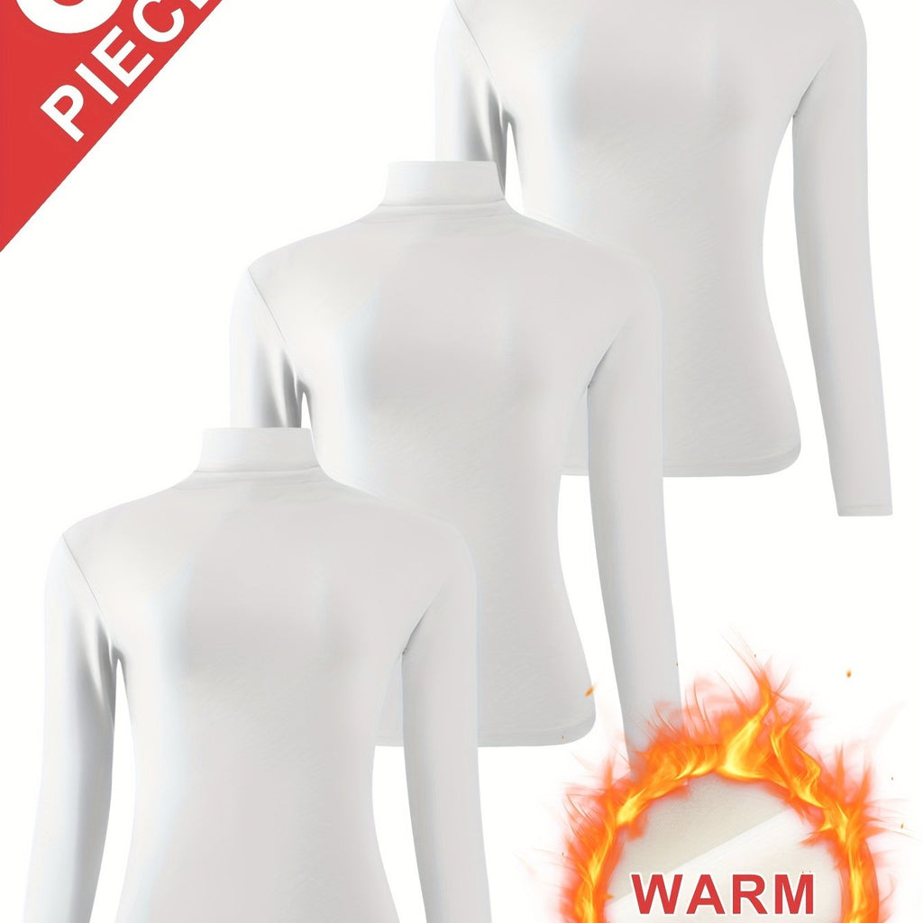 [3pcs Women'S Thermal Base Layer Tops] 3-Pack Women'S Thermal Base Layer Tops, Polyester Knit Warm Half-Turtleneck Shirts for Autumn and Winter