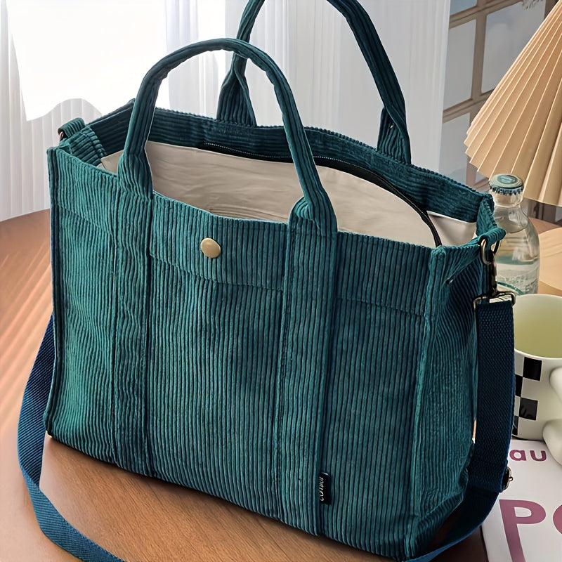 Women'S Corduroy Tote Bag - Stylish Striped Design with Zipper Closure, Thick and Durable, Perfect for Work, School, or Casual Use, Hand Wash Only, Everyday Tote Bag|Vintage Charm Bag|Soft Texture Ba
