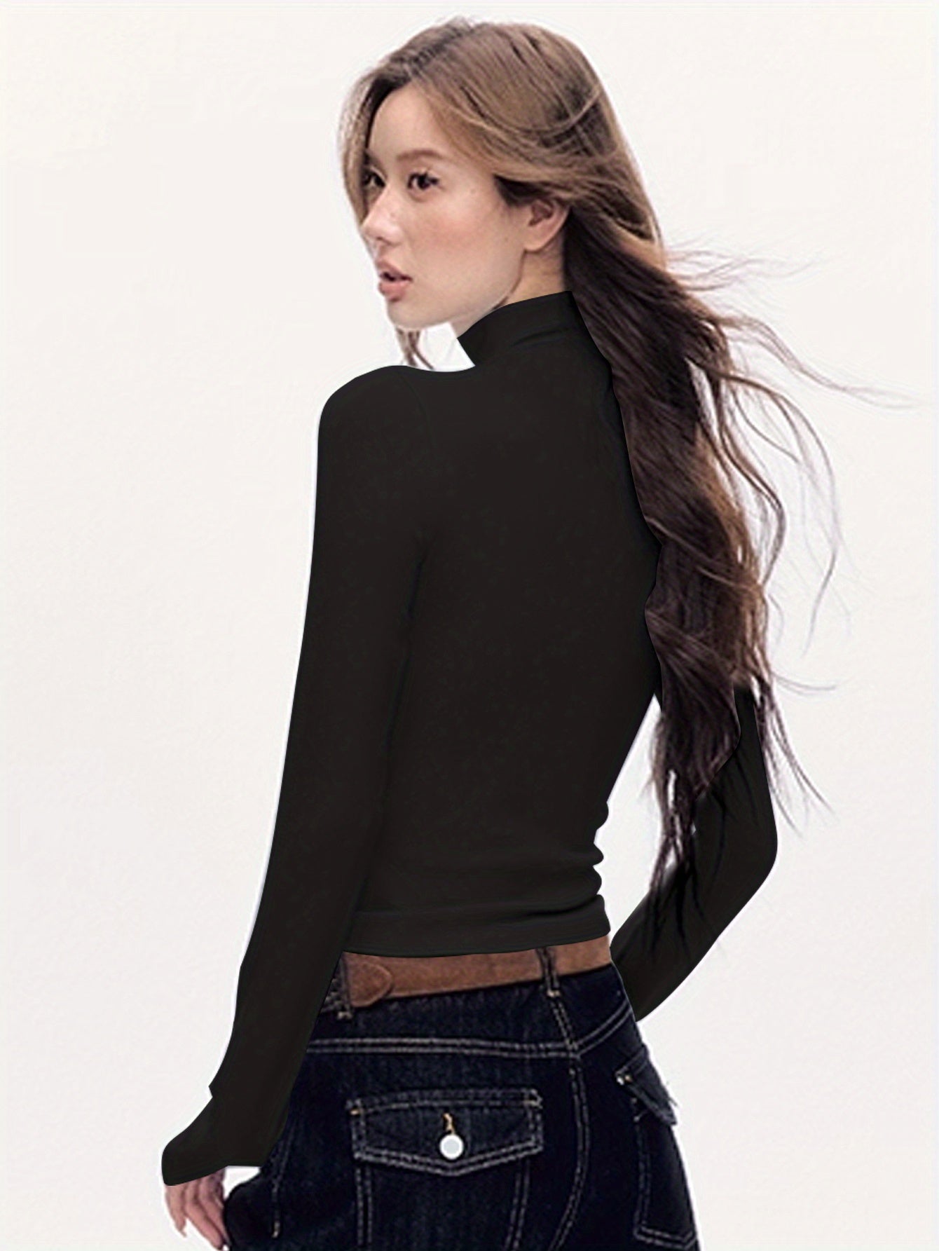 Women'S Elegant Half-Turtleneck Long Sleeve T-Shirt - Soft Fleece-Like Fabric, Black with White Horse Silhouette & Golden Accents, Machine Washable, Versatile Casual & Formal Wear, Winter Warmth, 2025 Autumn Winter Essential,