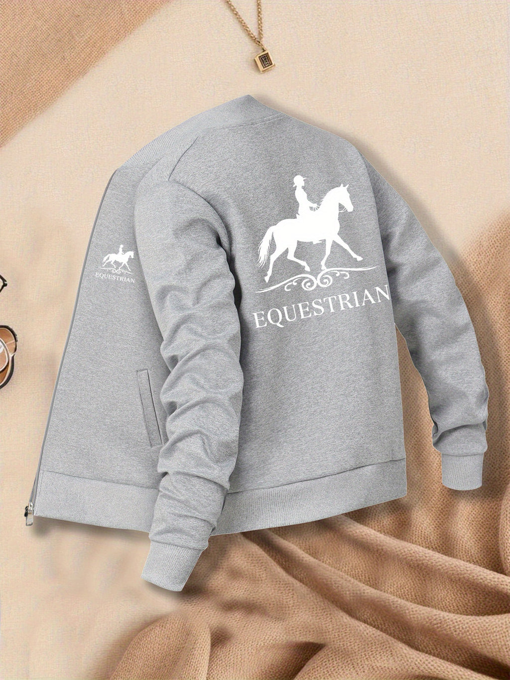 Women's Equestrian Print Casual Jacket - All-Season Comfort with Baseball Collar & Zip-Up Design, Long Sleeve Machine-Washable Coat with Pockets for Outdoor Activities, Equestrian Apparel, Durable Zipper Closure