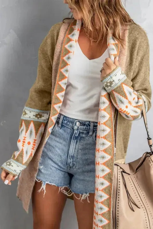 Khaki Aztec Knit Duster Cardigan